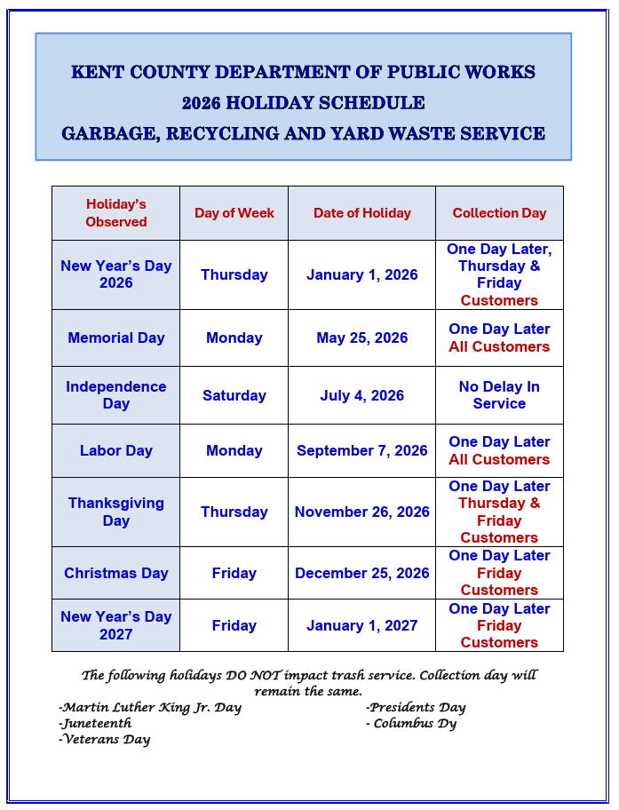 Kent County Department of Public Works 2026 Holiday Schedule Garbage, Recycling, and Yard Waste Service